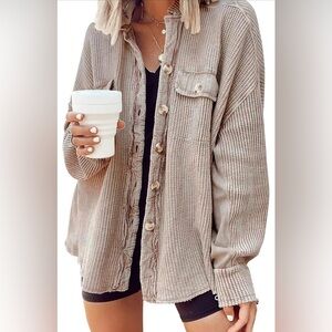 Women’s Waffle Knit Button Down Lightweight Slouchy Boyfriend Shacket Size XL